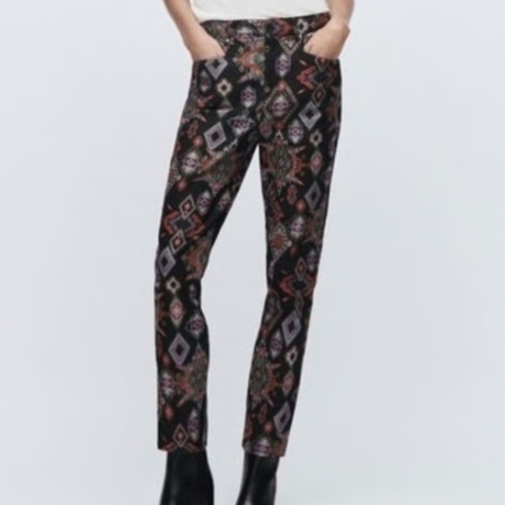 Zara Black and Multicolor Geometric Straight Leg Pants